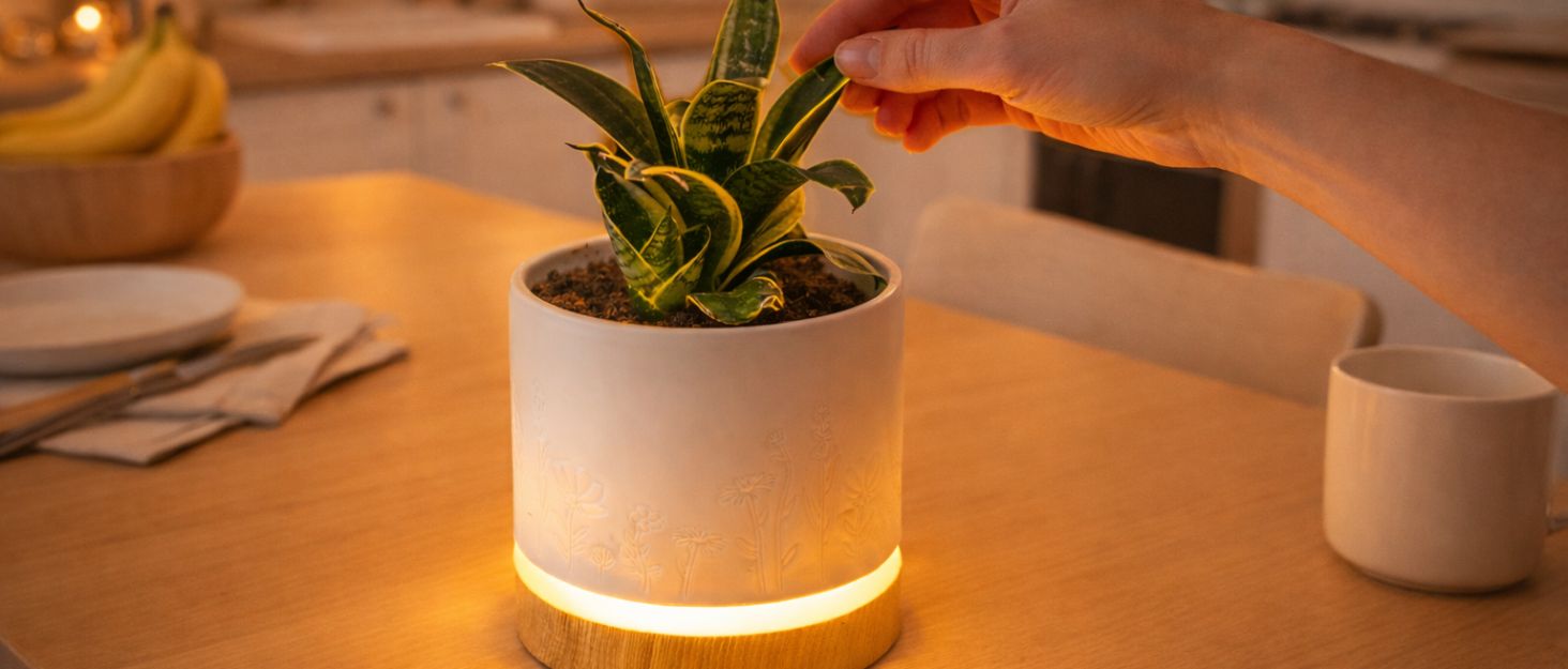Magic Plantern dimmable desk lamp in kitchen table, hand touching the plant leaves.