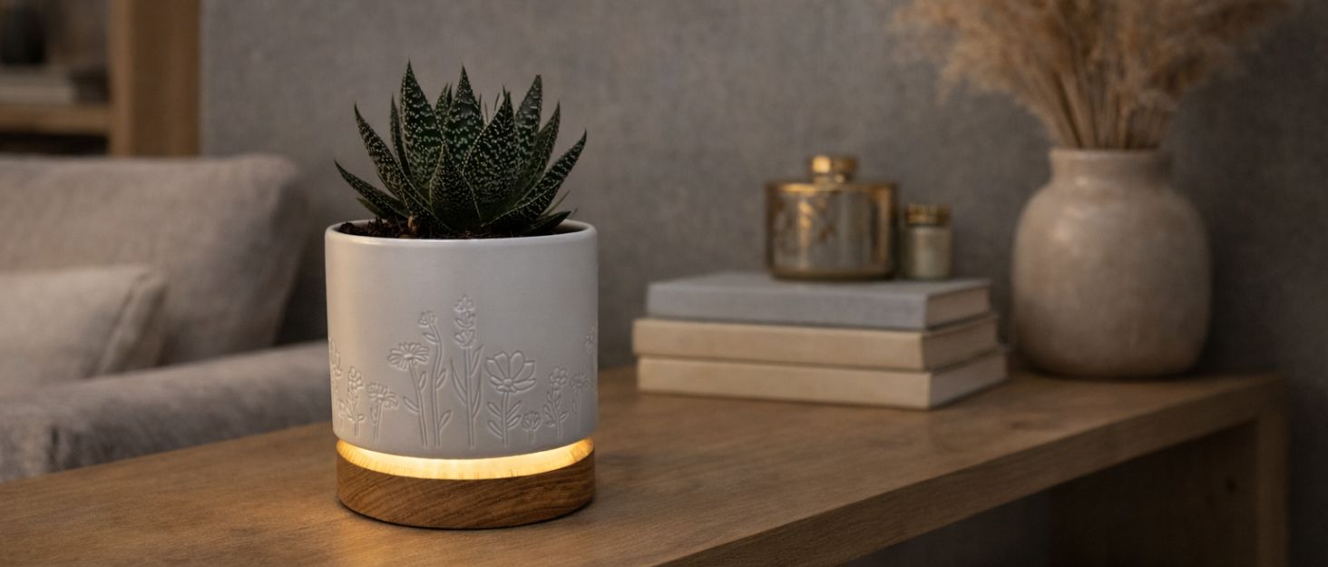 Magic Palntern Dimmable Desk Damp Succulent Planter Ceramic Planter in living room desk. 